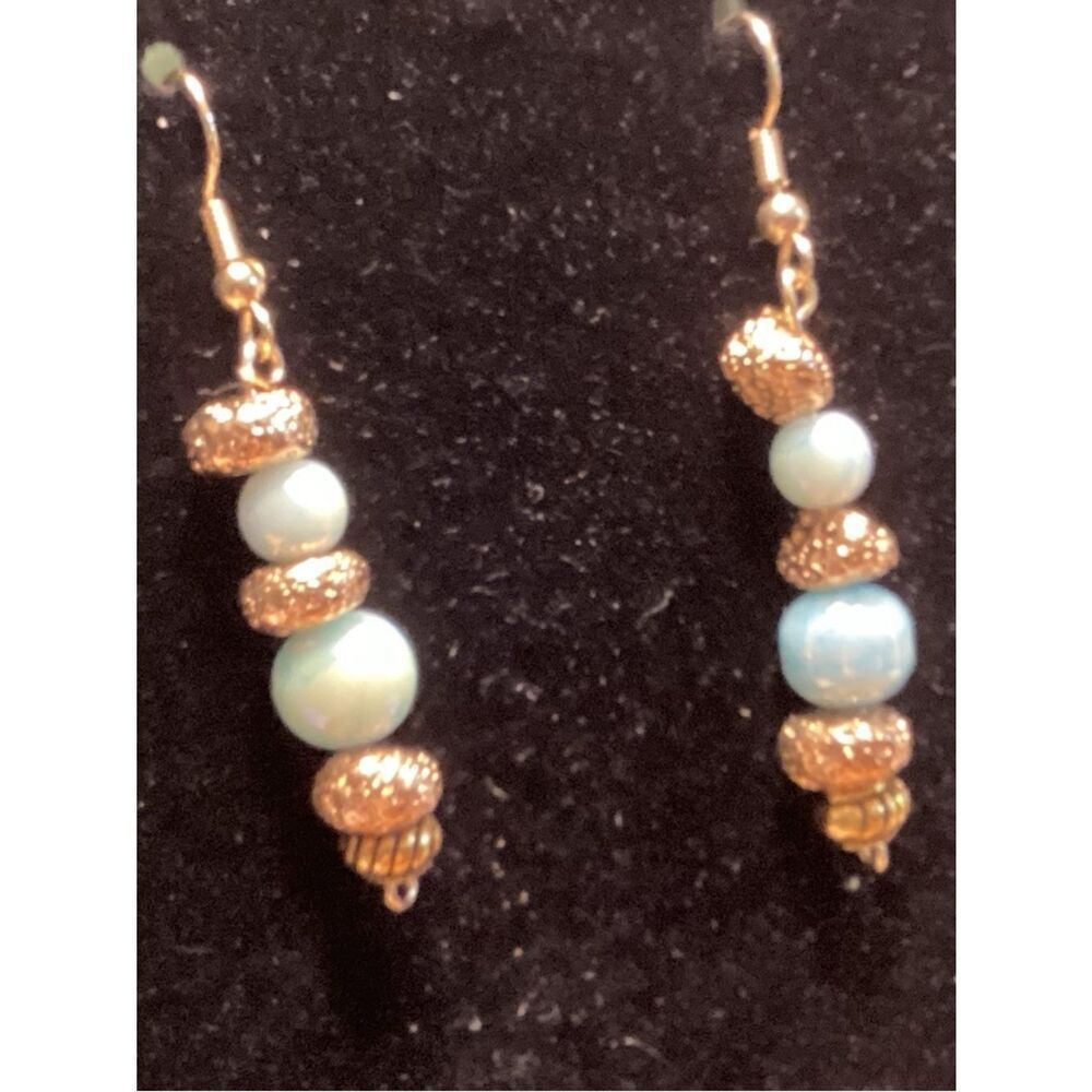 NWOT. Gold Tone and Light Blue Beaded Drop Earrings